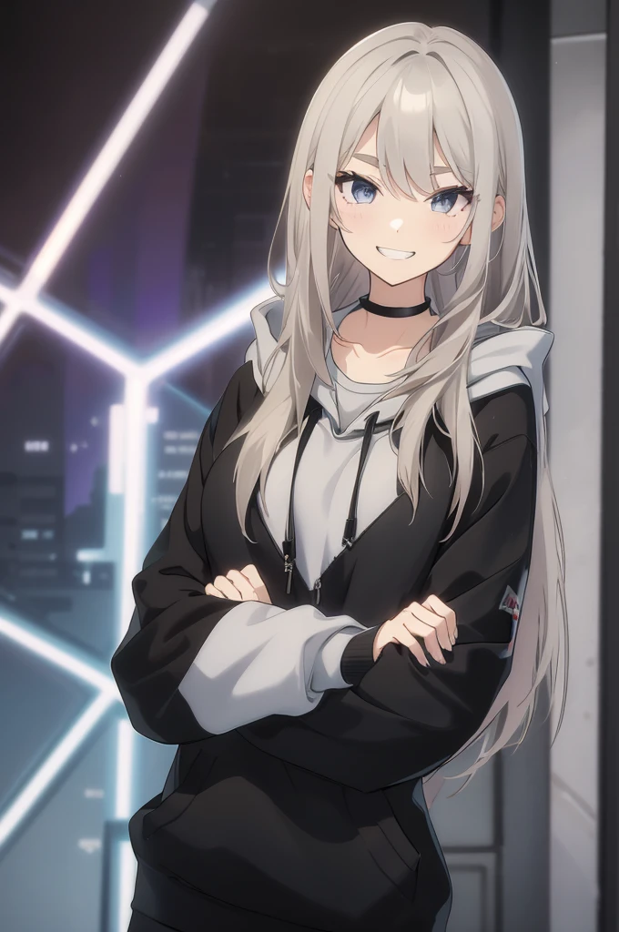 Concept Art,  White hair, Silver gradient hair , Composite cloth, Virtual YouTuber, best quality, masterpiece, Dynamic Angle,  girl,Miss,woman, young,20 years old, , Hair Flip, Silver Hair, Flowing hair, Ahog, giggle, Beautiful and delicate golden eyes, teeth, Large Breasts, Blonde eyes, White skin, hoodie, Black_shorts, Gray clothes, transparent_Back ground, absurd, high resolution, Extremely detailed,sweater,Smile