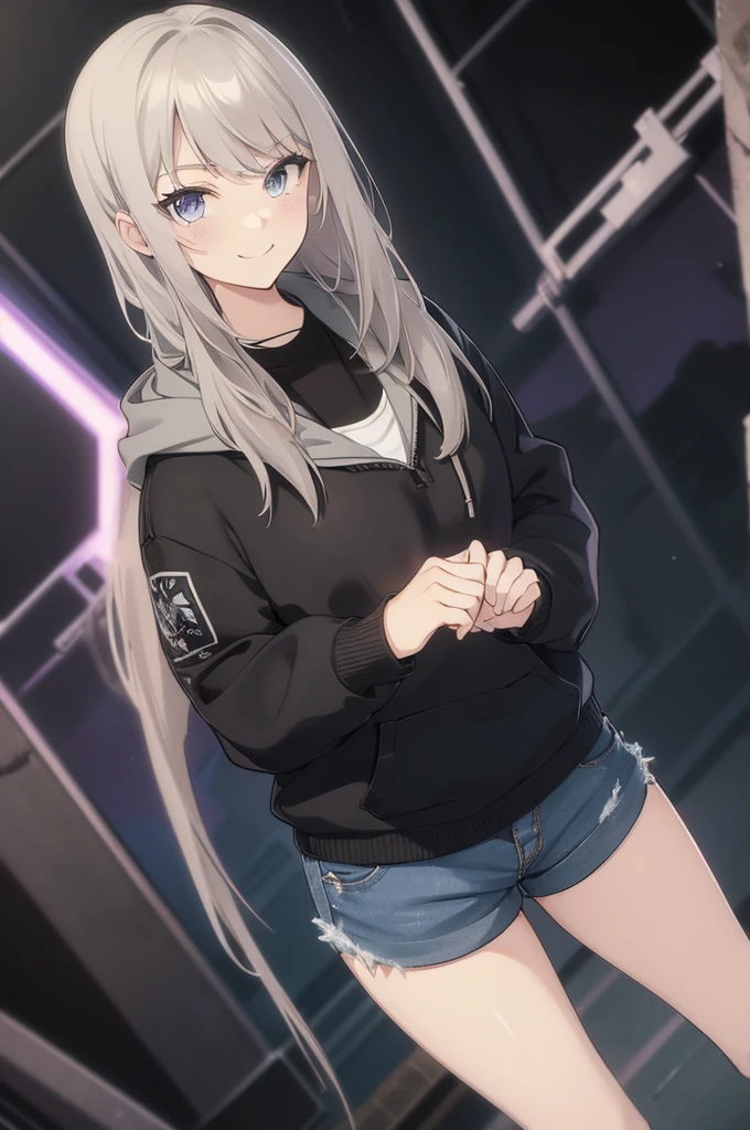 Concept Art,  White hair, Silver gradient hair , Composite cloth, Virtual YouTuber, best quality, masterpiece, Dynamic Angle,  girl,Miss,woman, young,20 years old, , Hair Flip, Silver Hair, Flowing hair, Ahog, giggle, Beautiful and delicate golden eyes, teeth, Large Breasts, Blonde eyes, White skin, hoodie, Black_shorts, Gray clothes, transparent_Back ground, absurd, high resolution, Extremely detailed,sweater,Smile