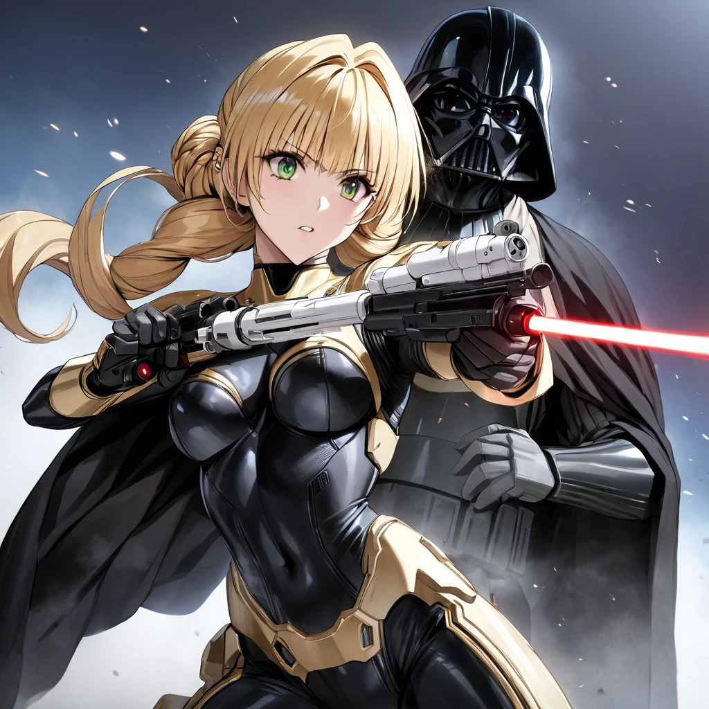 ((Highest quality)), ((masterpiece)), (detailed), (Perfect Face)、The woman is a Stormtrooper named Tiare, with green eyes, medium blonde hair, and a Princess Leia hairstyle. She is wearing a gorgeous black Stormtrooper bodysuit with gold patterns and trim, and a gorgeous black cape.、The woman is fighting alongside Darth Vader, who is holding a red lightsaber, while the woman is protecting him and firing a blaster.