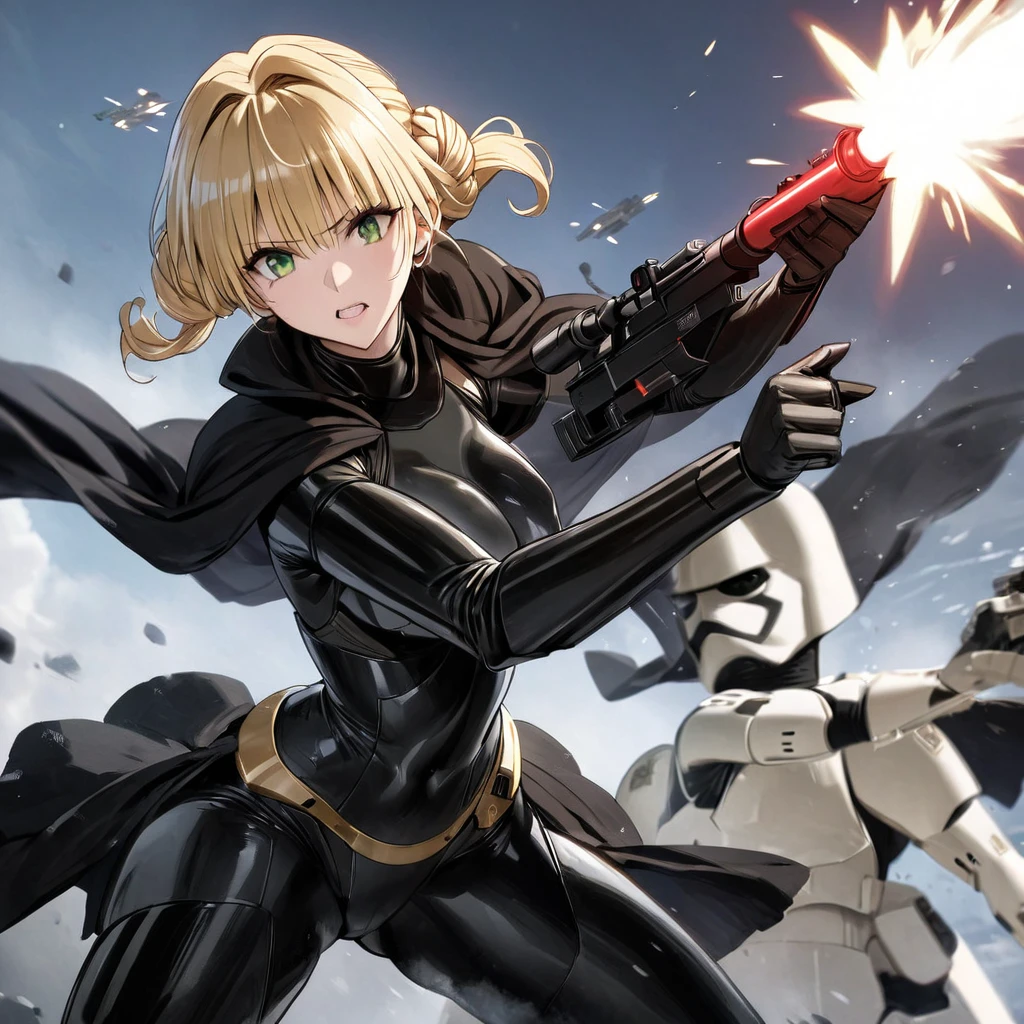 ((Highest quality)), ((masterpiece)), (detailed), （Perfect Face）、The woman is a Stormtrooper named Tiare, with green eyes, medium blonde hair, and a Princess Leia hairstyle. She is wearing a gorgeous black Stormtrooper bodysuit with gold patterns and trim, and a gorgeous black cape.、The woman is fighting alongside Darth Vader, who is holding a red lightsaber, while the woman is protecting him and firing a blaster.