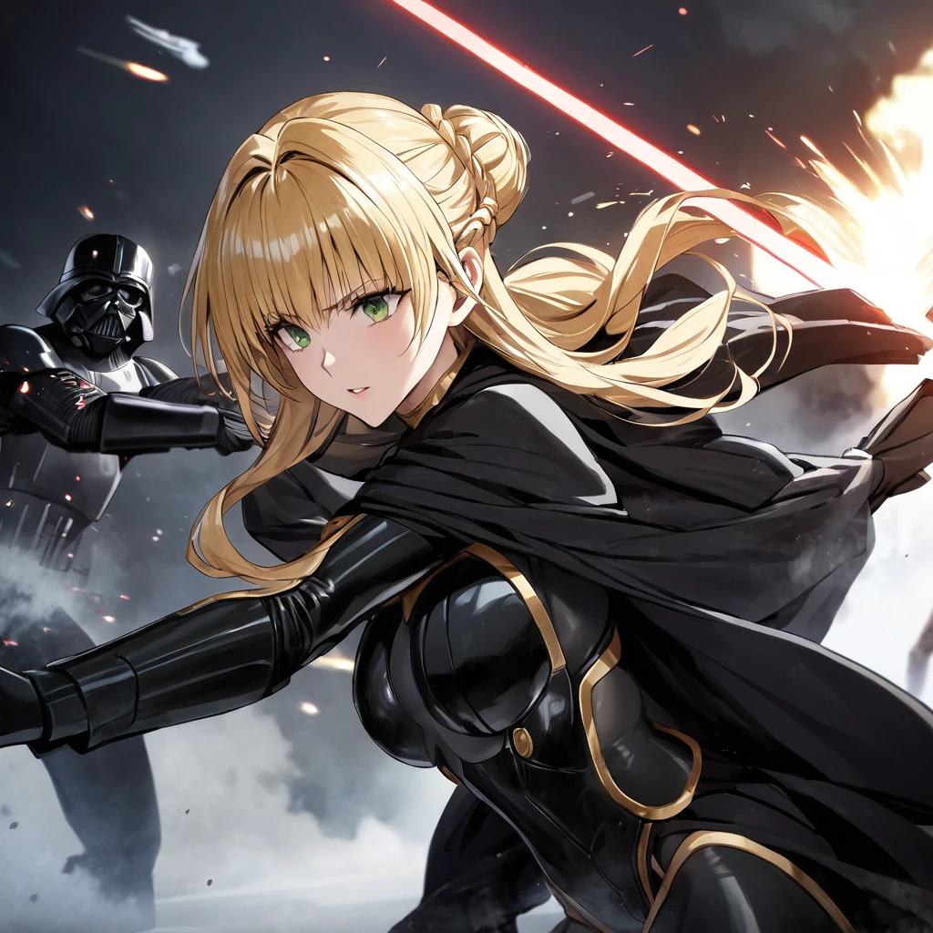 ((Highest quality)), ((masterpiece)), (detailed), （Perfect Face）、The woman is a Stormtrooper named Tiare, with green eyes, medium blonde hair, and a Princess Leia hairstyle. She is wearing a gorgeous black Stormtrooper bodysuit with gold patterns and trim, and a gorgeous black cape.、The woman is fighting alongside Darth Vader, who is holding a red lightsaber, while the woman is protecting him and firing a blaster.