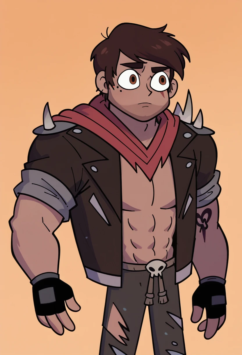 score_9, score_8_up, score_7_up, score_6_up, score_5_up, 1boy, future marco, jacket, spikes,brown eyes, pants, torn clothes, mole under eye, 
fingerless gloves, 
orange background, 