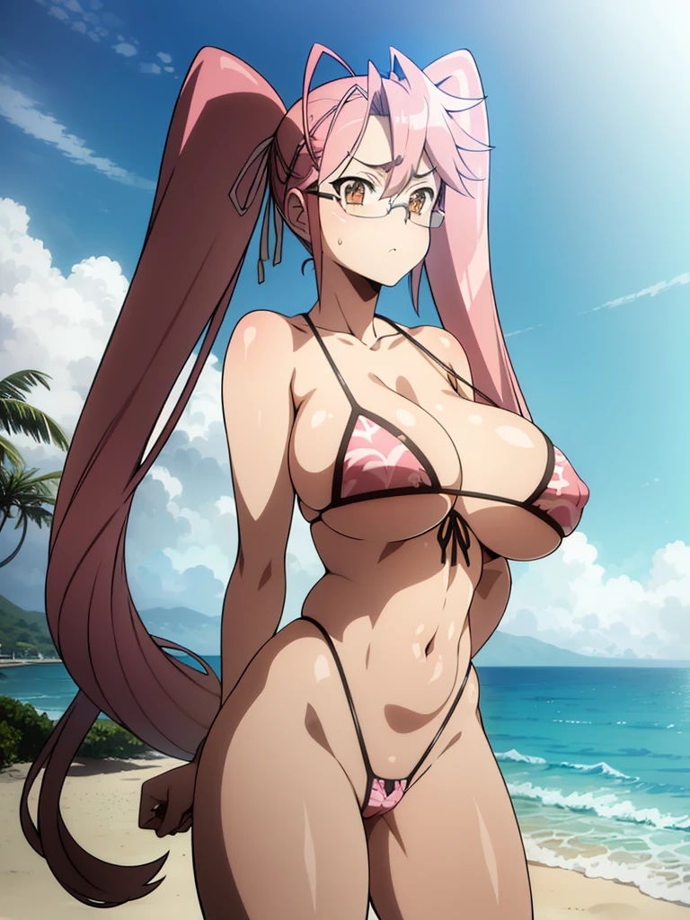 (Nsfw),Hayatakagi, Hajime Takagi, Long hair, bow ribbon, (Twin-tailed:1.3), (Brown eyes:1.5), Hair Ribbon, Pink hair, (eye glasses:1.3),,(looking at the viewers:1.3),BREAK (masutepiece:1.2), Best Quality, High resolution, Unity 8k Wallpaper, (Illustration:0.8), (Beautiful detailed eyes:1.6), extra detailed face, Perfect Lighting, extremely details CG, (Perfect hands, Perfect Anatomy),(the beach:1.3),Naughty big、thighs thighs thighs thighs、solo, very big breast, detailed nipples, deep cameltoe, barely spread legs, caderas anchas, g string, translucent stockings, perfect round detailed and realistic nipples, detailed vagina, daylight illuminated, masturbating, pink super ultra small lingerie, with an r15 rifle in one hand in erotic pose, looking from behind