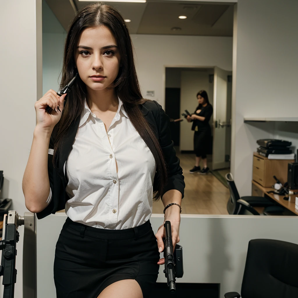 a female readheaded receptionist thug at modern office holding guns