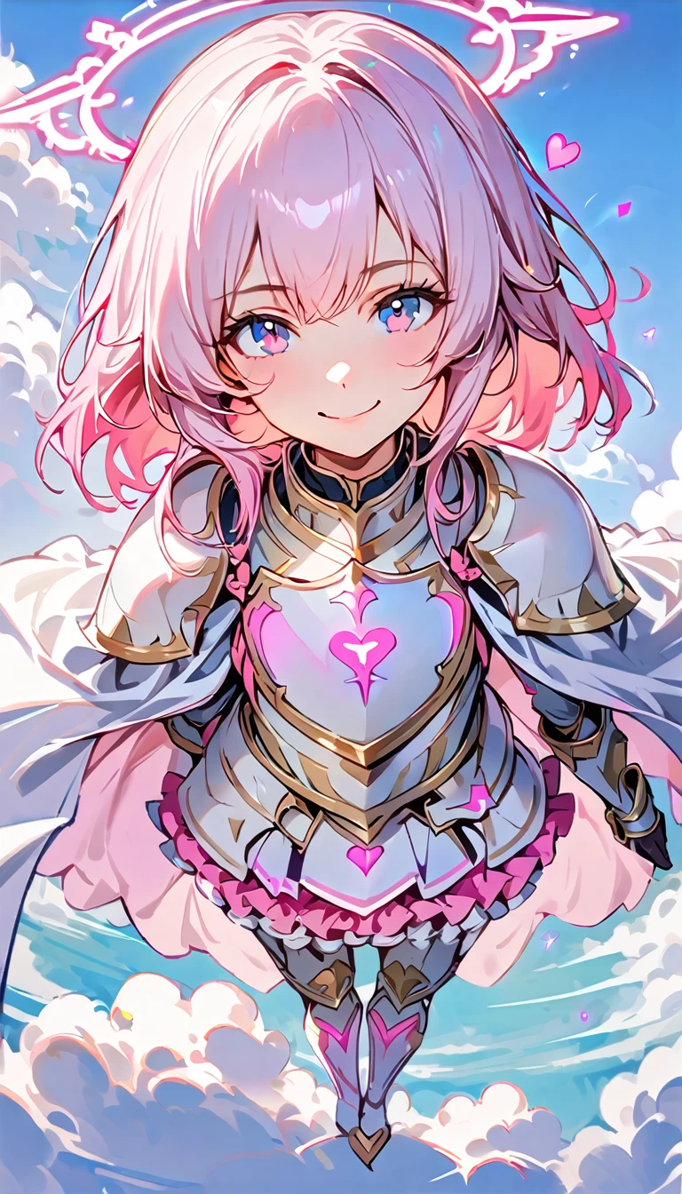 (high quality, 8k, 4K, high contrast, artwork:1.2, high quality, best aesthetics), (centralized), ((1 woman)), erotic, sensual, mature body, super detailed, beautiful face detailed, beautiful eyes detailed, detailed beautiful mouth, (light pink hair, long light pink hair, wavy light pink hair), (blue eyes), (white medieval armor with pink hearts and decorated pink details), (shoulder pads), (ruffled skirt), (long white cape), (pink angel halo), (smiling), (calm facial expression), (standing erect), (looking at the viewer), (centered), (above the clouds), (clear sky)