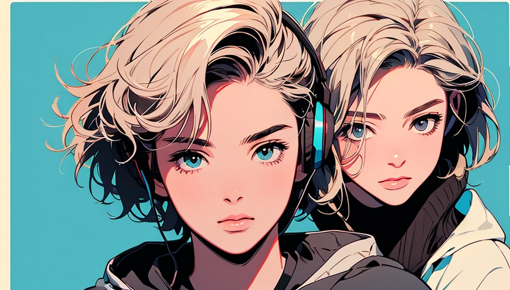 2D illustration, アニメ, Manga style, whole body,ASİAN, Bishamon from noragami, 1 Girl, Big Hair, Shortcuts, {{full name eyes}}, create, High resolution, masterpiece, Highest quality, High detail, High detailed eyes, Grain Filter, Detailed Lips, High resolution, Super detailed, Portraiture, Realistic ratio, Anatomically correct, Beautiful young woman, Erin Moriarty pairing:0.7, joey king:0.5, Sydney Sweeney:0.whole bodyポートレート, Illustrator, アニメ , Realistic ,sketch , 1 Man, ,Lip, hoodie,Order, Blue gradient background, Neon Hair,Textured Trim, (masterpiece,Highest quality), lofi, Battle DJ man in HIPHOP fashion wearing DJ headphones