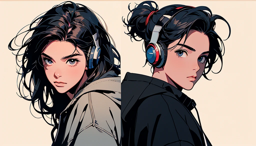2D illustration, アニメ, Manga style, whole body,ASİAN, Bishamon from noragami, 1 Girl, Big Hair, Shortcuts, {{full name eyes}}, create, High resolution, masterpiece, Highest quality, High detail, High detailed eyes, Grain Filter, Detailed Lips, High resolution, Super detailed, Portraiture, Realistic ratio, Anatomically correct, Beautiful young woman, Erin Moriarty pairing:0.7, joey king:0.5, Sydney Sweeney:0.whole bodyポートレート, Illustrator, アニメ , Realistic ,sketch , 1 Man, ,Lip, hoodie,Order, Blue gradient background, Neon Hair,Textured Trim, (masterpiece,Highest quality), lofi, Battle DJ man in HIPHOP fashion wearing DJ headphones