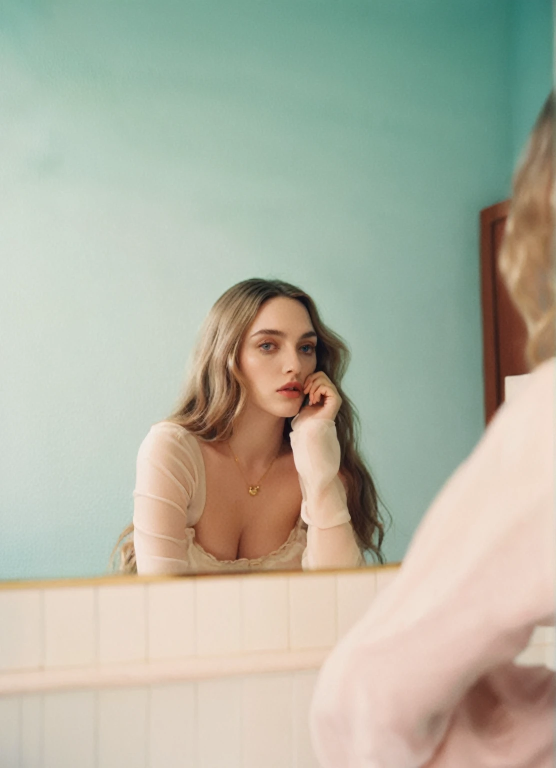arafed woman looking at herself in a mirror in a bathroom, monia merlo, in style of petra collins, petra collins, ana de armas, ana de armas portrait, beautiful kat dennings, portrait of ana de armas, julia sarda, kat dennings, inspired by Elsa Bleda, petra collins and mc. escher, corinne day