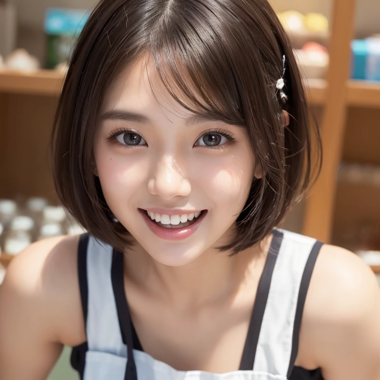 ((Highest quality)), ((masterpiece)), (detailed), One person(Highest quality, 8K, 32k, masterpiece, Ultra-high resolution:1.2),Beautiful Japanese Women Photos、Group of 2、healthy、Glowing Skin, Shallow depth of field、Contrasting、Professional Model、looking forward to it、Overbyte、mouth half open、blush:2.5、Random hairstyles for short hair、Black Hair、Face close-up、Portraiture、Teeth are visible、Big Mouth、Droopy eyes、Round face、Multiple moles、Fair skin、Active 24 year old、Brown eyes、Big smile、Pet store clerk、Wear an apron、Overall image、pussy visible