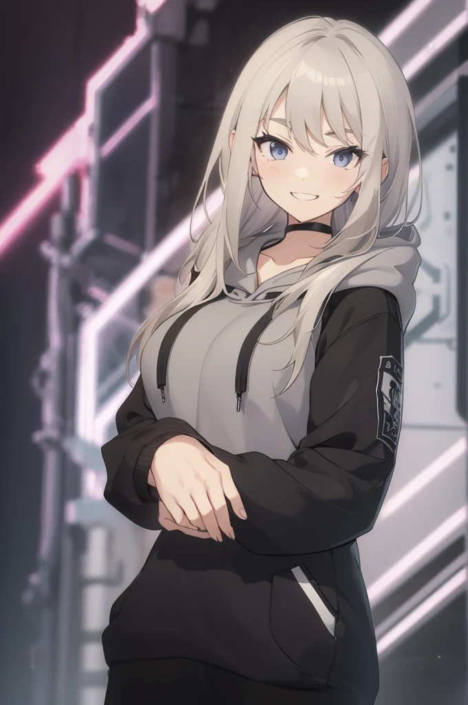 Concept Art,  White hair, Silver gradient hair , Composite cloth, Virtual YouTuber, best quality, masterpiece, Dynamic Angle,  girl,Miss,woman, young,20 years old, , Hair Flip, Silver Hair, Flowing hair, Ahog, giggle, Beautiful and delicate golden eyes, teeth, Large Breasts, Blonde eyes, White skin, hoodie, Black_shorts, Gray clothes, transparent_Back ground, absurd, high resolution, Extremely detailed,sweater,Smile