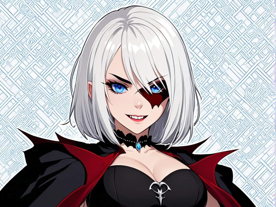 A young woman with white hair and red tips, a vampire, vampire canines, blue eyes, eye patch, short hair, female physique, Discord PfP, fantasy, vampire,long canines, rice teeth