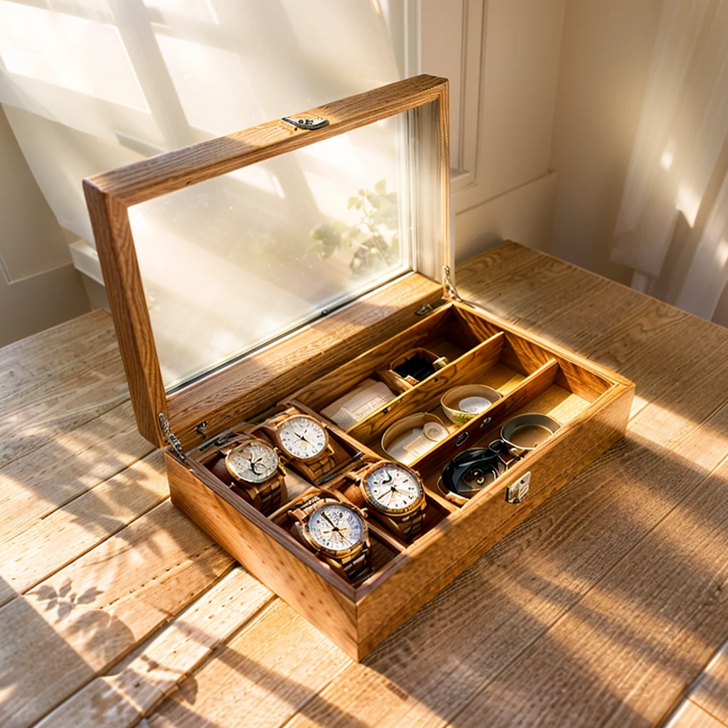 In this cozy room,A ray of sunlight shone through the half-drawn curtains on the table,Let the wood grain on the watch storage box shine with a faint luster。There was a calm and peaceful atmosphere in the air around them。There are several still lifes hanging on the walls of the room,It adds a touch of elegance to the space。And on the other side of the room,The half-open window lets in the breeze,The pages on the small desk by the window turned in the wind,This quiet scene gives a sense of tranquility and comfort。