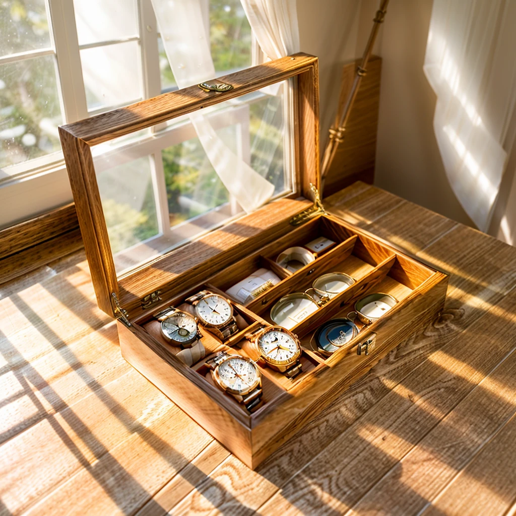 In this cozy room，A ray of sunlight shone through the half-drawn curtains on the table，Let the wood grain on the watch storage box shine with a faint luster。There was a calm and peaceful atmosphere in the air around them。There are several still lifes hanging on the walls of the room，It adds a touch of elegance to the space。And on the other side of the room，The half-open window lets in the breeze，The pages on the small desk by the window turned in the wind，This quiet scene gives a sense of tranquility and comfort。


