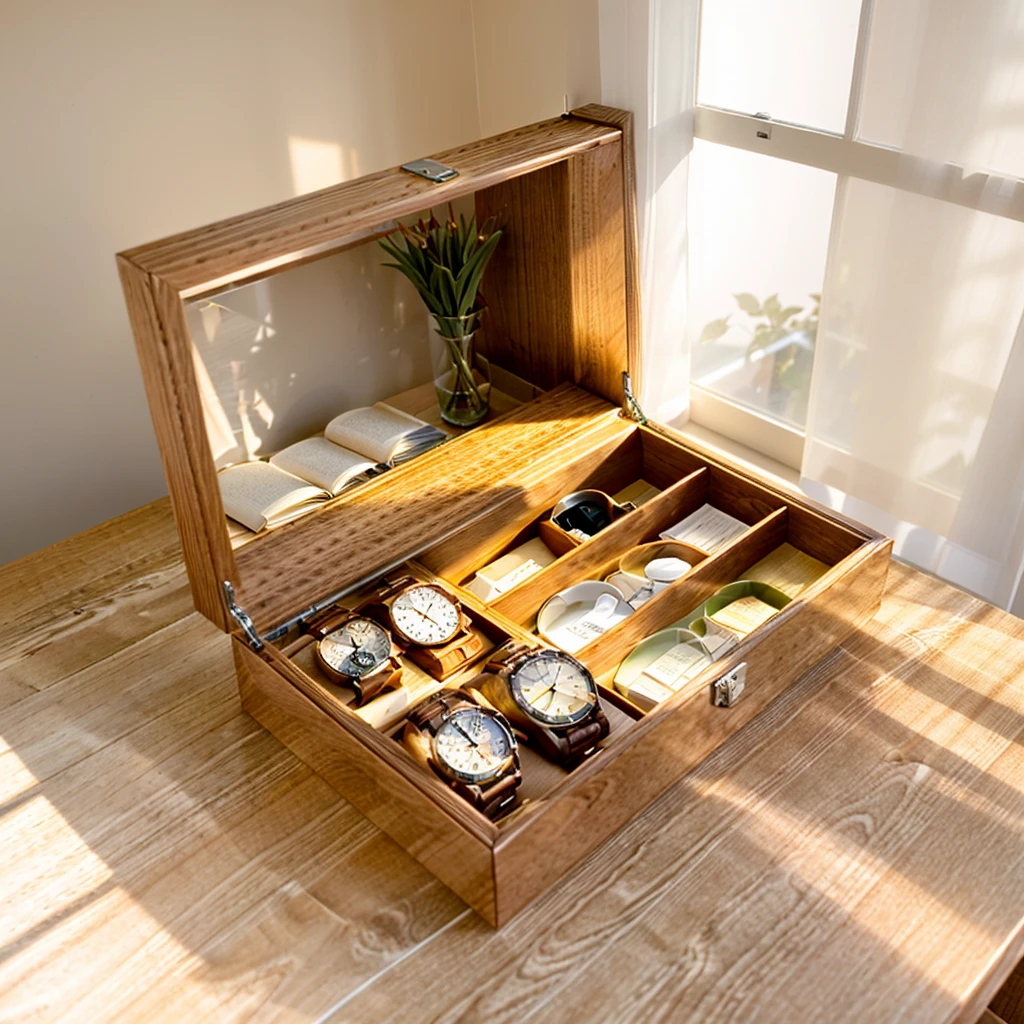 In this cozy room,A ray of sunlight shone through the half-drawn curtains on the table,Let the wood grain on the watch storage box shine with a faint luster。There was a calm and peaceful atmosphere in the air around them。There are several still lifes hanging on the walls of the room,It adds a touch of elegance to the space。And on the other side of the room,The half-open window lets in the breeze,The pages on the small desk by the window turned in the wind,This quiet scene gives a sense of tranquility and comfort。