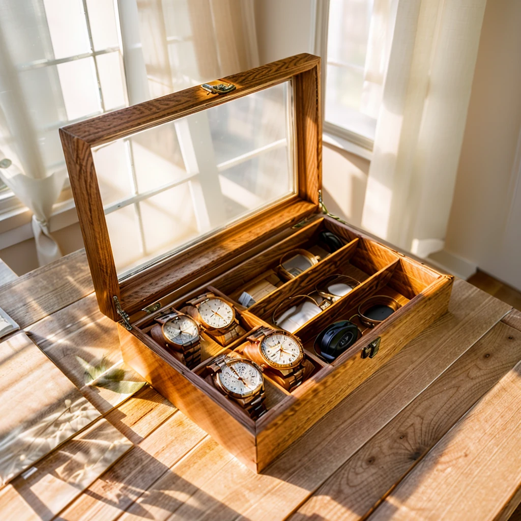 In this cozy room，A ray of sunlight shone through the half-drawn curtains on the table，Let the wood grain on the watch storage box shine with a faint luster。There was a calm and peaceful atmosphere in the air around them。There are several still lifes hanging on the walls of the room，It adds a touch of elegance to the space。And on the other side of the room，The half-open window lets in the breeze，The pages on the small desk by the window turned in the wind，This quiet scene gives a sense of tranquility and comfort。
