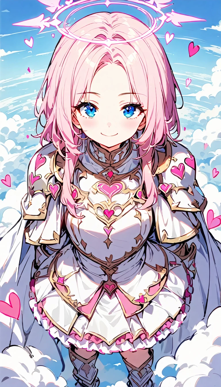 (high quality, 8k, 4K, high contrast, artwork:1.2, high quality, best aesthetics), (centralized), ((1 woman)), erotic, sensual, mature body, super detailed, beautiful face detailed, beautiful eyes detailed, detailed beautiful mouth, (light pink hair, long light pink hair, wavy light pink hair), (blue eyes), (white medieval armor with pink hearts and decorated pink details), (shoulder pads), (ruffled skirt), (long white cape), (pink angel halo), (smiling), (calm facial expression), (standing erect), (looking at the viewer), (centered), (above the clouds), (clear sky)