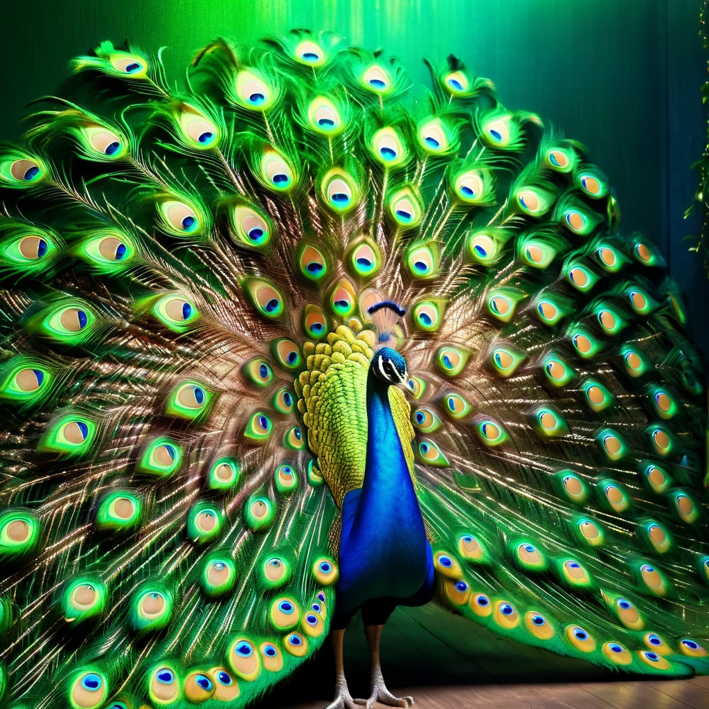 Green Peacock，（Front upright：1.1），Peacock opens the screen，Green feathers，fantasy，Colorful tones，masterpiece，Dramatic ethereal beauty，（panoramic视角1.2），Soft lighting，reflected light，panoramic