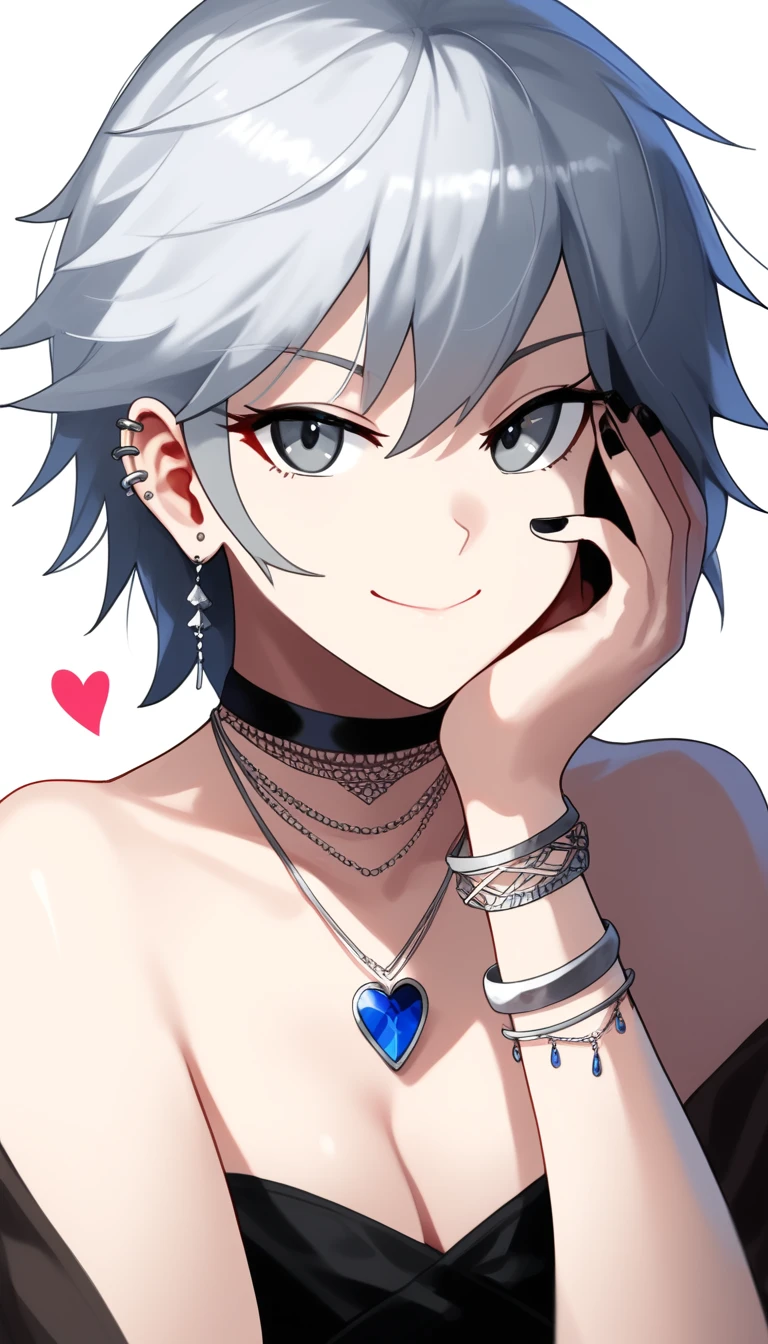 (zPDXL2), score_9_up, BREAK
solo, 1girl, short grey hair, looking at viewer, (hand on own face, hand on own cheek), smile, closed mouth, grey eyes, piercing, hearts, nail polish, fingernails, black nails, jewelry, ear piercing, earrings, necklace, black choker, bangs, bracelet, gem, simple white background, BREAK
AissistXLv2, unaestheticXL_bp5, SimplePositiveXLv2, zPDXL2 PonyXLV6_Scores