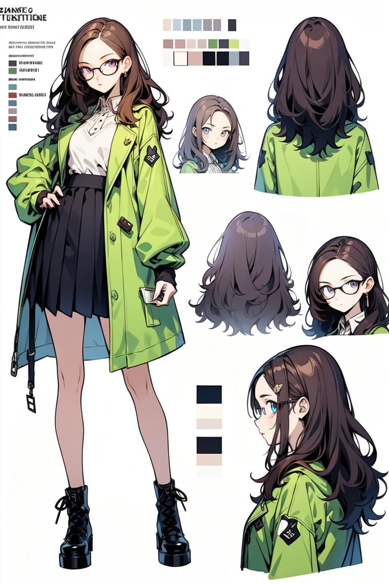 manga character design, Draw with line drawing, Multiple points of view, Best Quality,Masterpiece,high resolution, female, collage ((character concept art)), manga character design, Detailed woman with pale skin.,long dark hair, illustration,realist,harmonious colors,natural lighting, green clothes, multiple views, Multiple images of the same character in one outfit, trench coat, round lenses