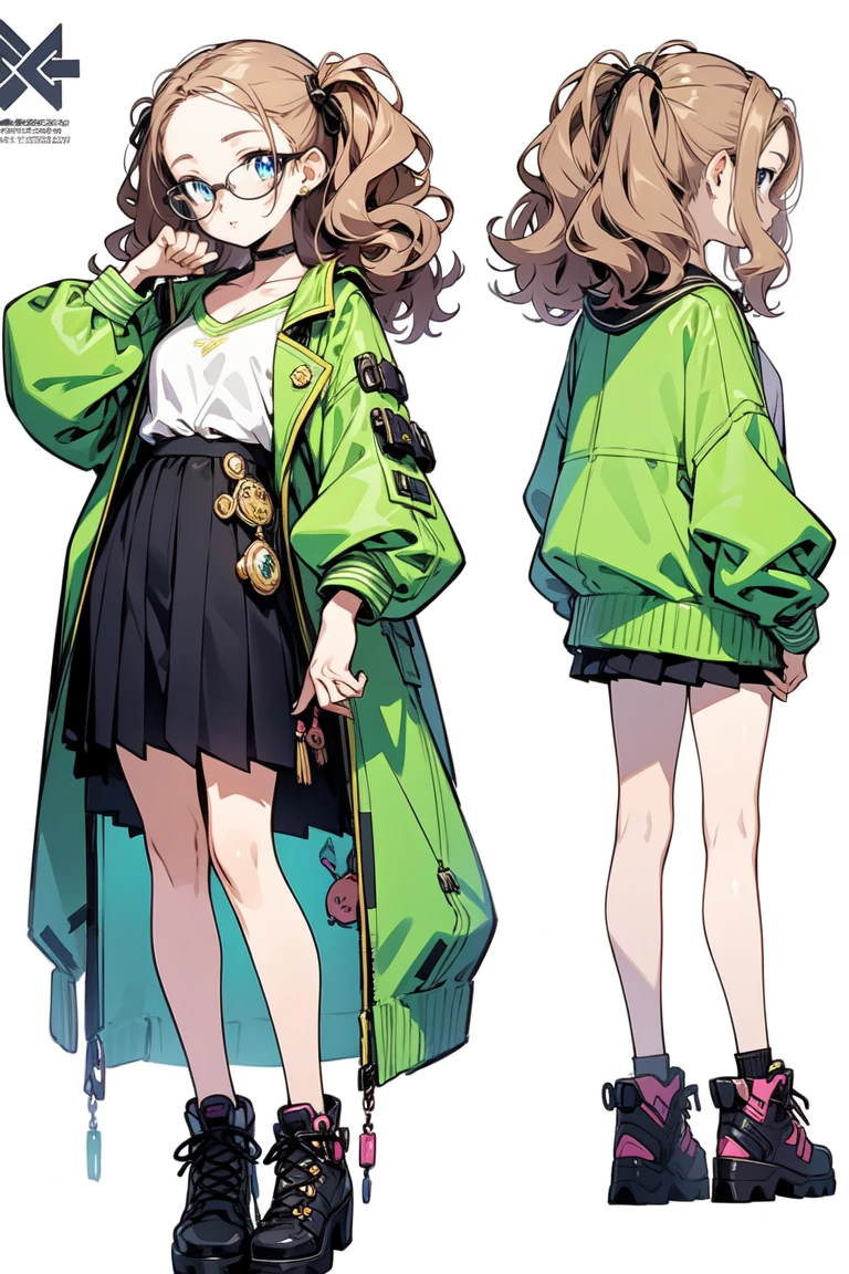 manga character design, Draw with line drawing, Multiple points of view, Best Quality,Masterpiece,high resolution, female, collage ((character concept art)), manga character design, Detailed woman with pale skin.,long dark hair, illustration,realist,harmonious colors,natural lighting, green clothes, multiple views, Multiple images of the same character in one outfit, trench coat, round lenses