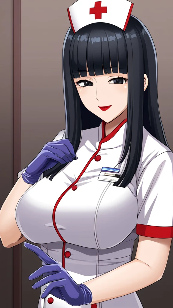 (masterpiece, best quality), SShutaraV4, source_anime, natural light, senjumaru shutara, 1girl, solo, slight smile, long hair, bangs, blunt bangs, sidelocks, (black eyes), (black hair:1.4), makeup, lipstick, red lipstick, mature, mature female, nurse uniform, rubber gloves, patient room background,