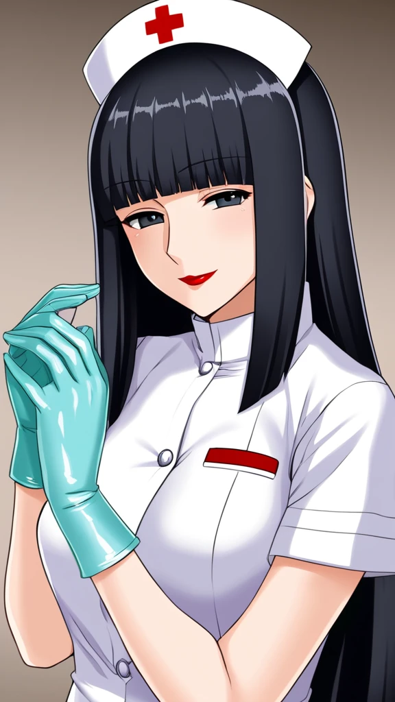 (masterpiece, best quality), SShutaraV4, source_anime, natural light, senjumaru shutara, 1girl, solo, slight smile, long hair, bangs, blunt bangs, sidelocks, (black eyes), (black hair:1.4), makeup, lipstick, red lipstick, mature, mature female, nurse uniform, rubber gloves, patient room background,