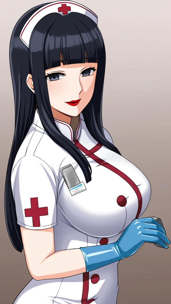 (masterpiece, best quality), SShutaraV4, source_anime, natural light, senjumaru shutara, 1girl, solo, slight smile, long hair, bangs, blunt bangs, sidelocks, (black eyes), (black hair:1.4), makeup, lipstick, red lipstick, mature, mature female, nurse uniform, rubber gloves, patient room background,