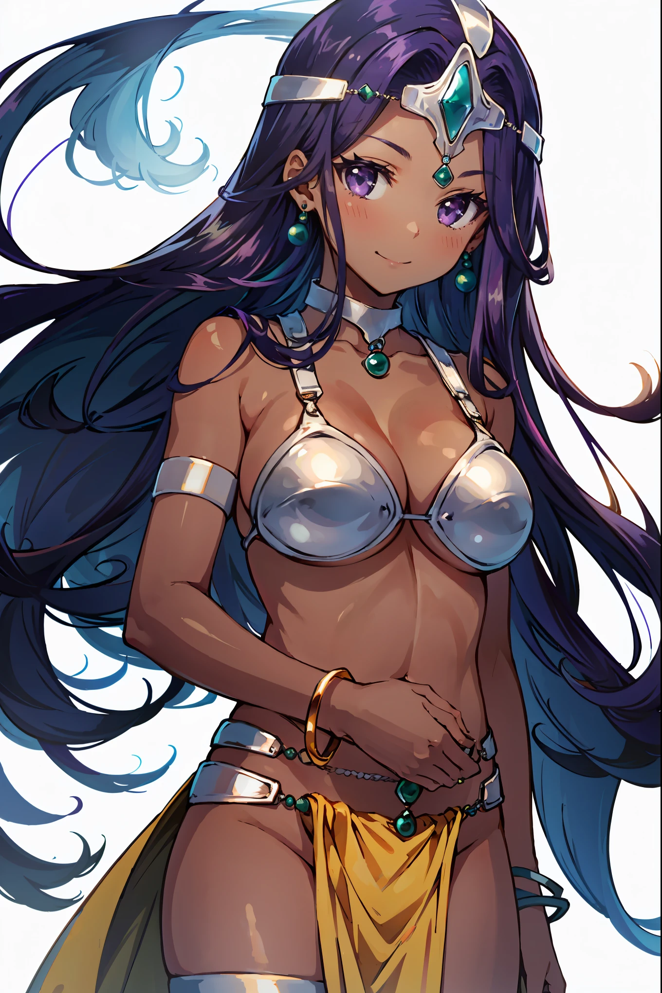 1girl, solo, dqManya, white background, cowboy shot, purple hair, bikini, loincloth, large breasts, cleavage, soft stomach, circlet, earrings, choker, bracelet, armlet, closed mouth, smile, blush