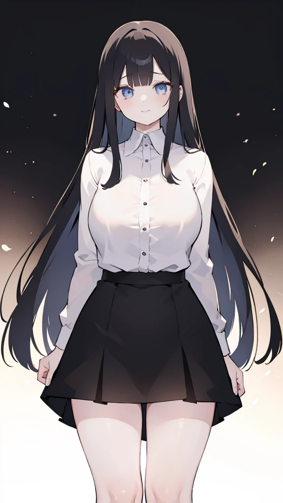 masterpiece, 8K, Detailed face, best quality, Must be as described, (1 girl, alone, 158cm), (Black hair, long hair, Straight Hair, Bangs), (innocent, Big blue eyes like diamonds), (fair skin), (Wearing a simple white shirt, Black panties), (The length of the white shirt should not exceed the thigh, Expose arms and thighs), (Has black leather collar), (The expression looks shy, but with a smile, shy, Pleasure), (light black background, whole body, Facing the audience, Stand Up Straight, symmetry)