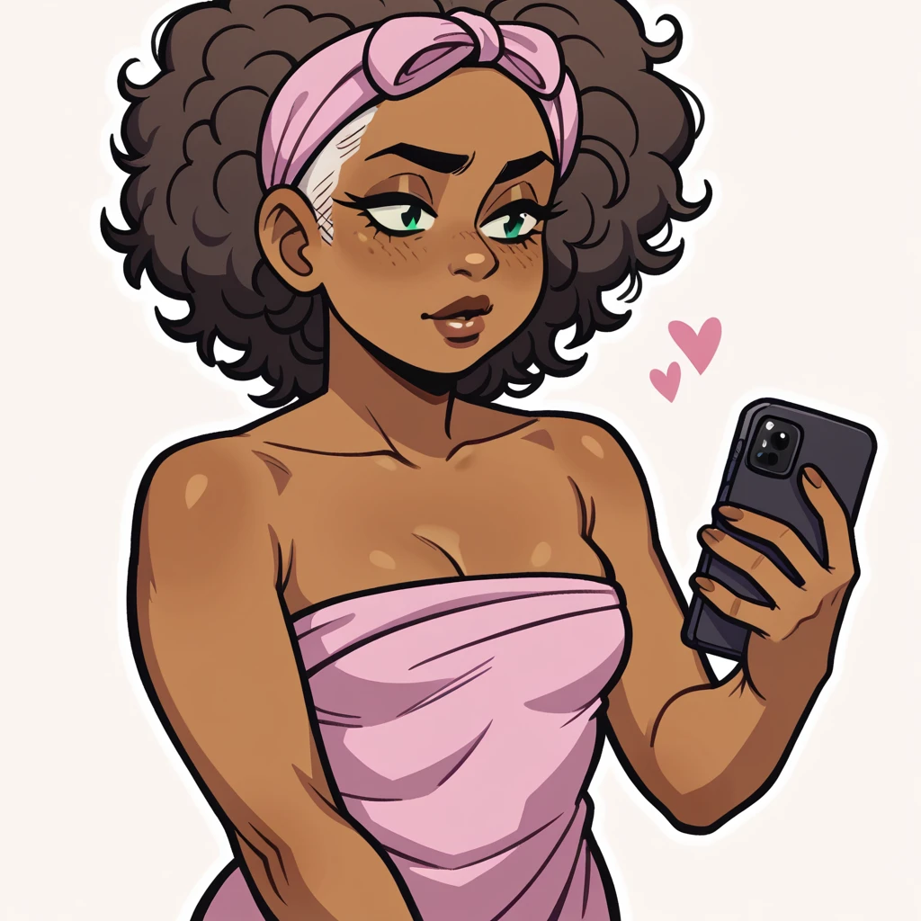 (score_9, score_8_up), mobian, melanin skin, melanin, brown skin, rouge the bat, sexy, curly, natural, kinky hair, wrapped in towel, holding phone, small breasts, cleavage, bedroom background