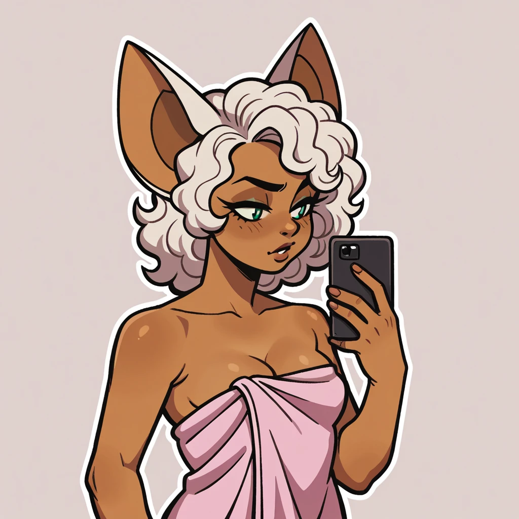 (score_9, score_8_up), mobian, melanin skin, melanin, brown skin, rouge the bat, sexy, curly, natural, kinky hair, wrapped in towel, holding phone, small breasts, cleavage, bedroom background