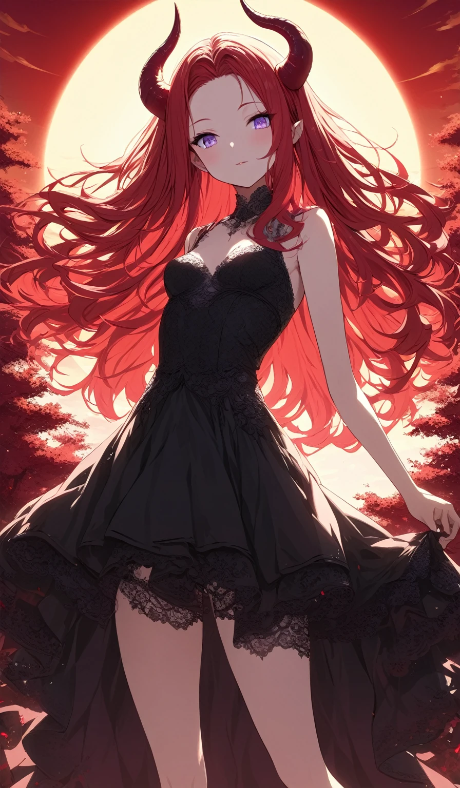 Masterpiece, very detailed, ultra detailed, one, (1 girl), she is in a red detailed and lace dress, and in an elegant position, she is tall, childish style, long red hair and parting on the sides, red demonic horns, beautiful, charming, purple eyes, elegant, small breasts, kind face, charming, she stands against the background of red trees and the big sun.