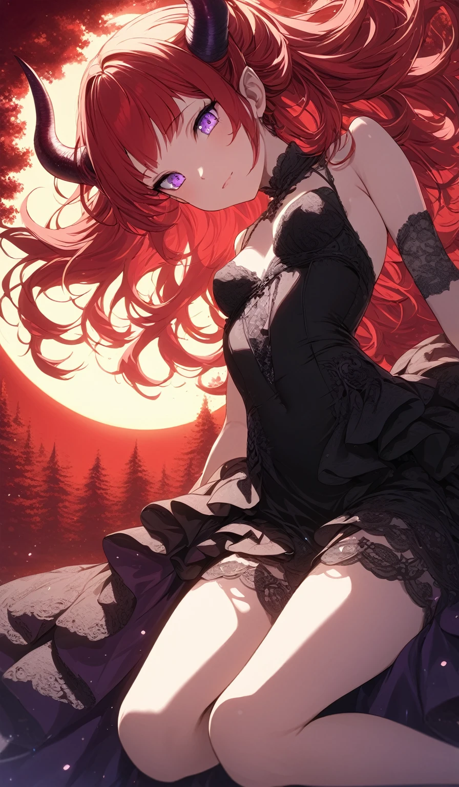 Masterpiece, very detailed, ultra detailed, one, (1 girl), she is in a red detailed and lace dress, and in an elegant position, she is tall, childish style, long red hair and parting on the sides, red demonic horns, beautiful, charming, purple eyes, elegant, small breasts, kind face, charming, she stands against the background of red trees and the big sun.