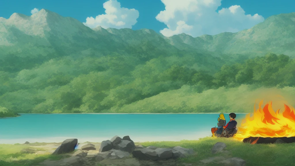 Loose-fitting anime-style girl camping solo by the lake. She stares at the campfire, sometimes blinks her eyes, and has black bob-cut hair.