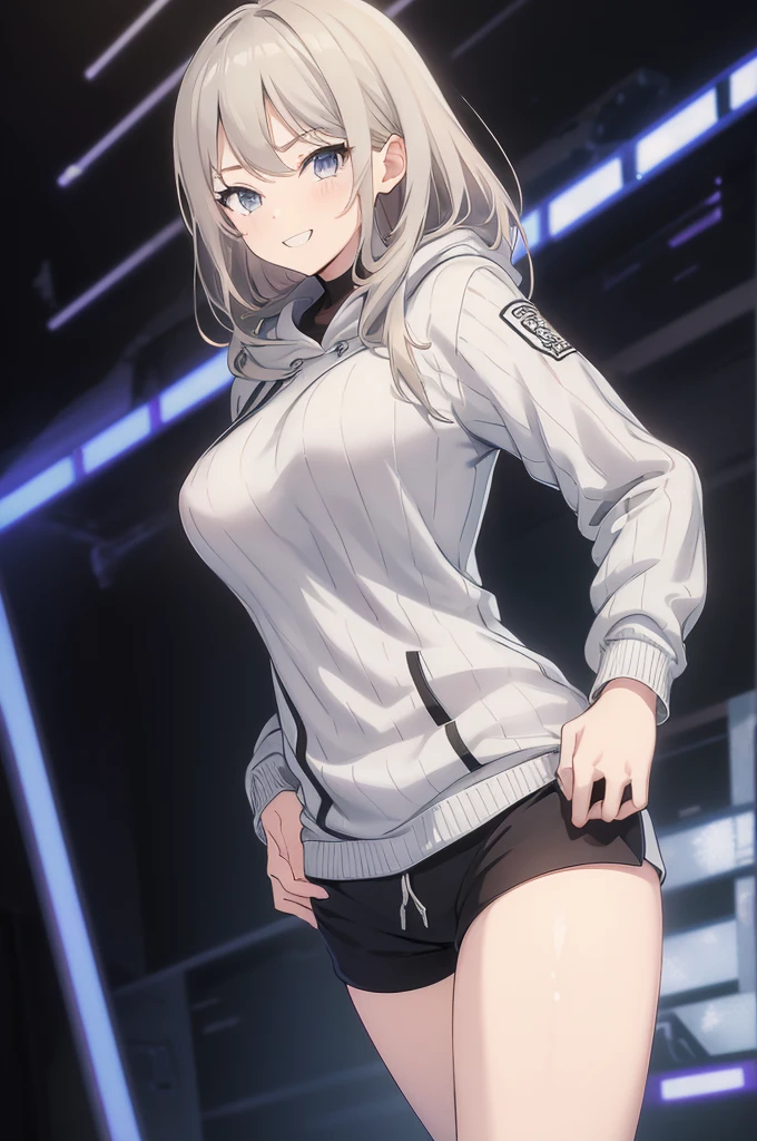  Concept Art, white Background, simple Background, White hair, Silver gradient hair , Composite cloth, Virtual YouTuber, best quality, masterpiece, Dynamic Angle, , cowboy_shooting, Watching_Back, grab, girl,Miss,woman, young,20 years old, , Hair Flip, Silver Hair, Flowing hair, Ahog, giggle, Beautiful and delicate golden eyes, teeth, Large Breasts, Blonde eyes, White skin, hoodie, Black_shorts, Gray clothes, transparent_Background, Backlighting, absurd, high resolution, Extremely detailed,sweater,Smile，pantyhose,cowboy裤