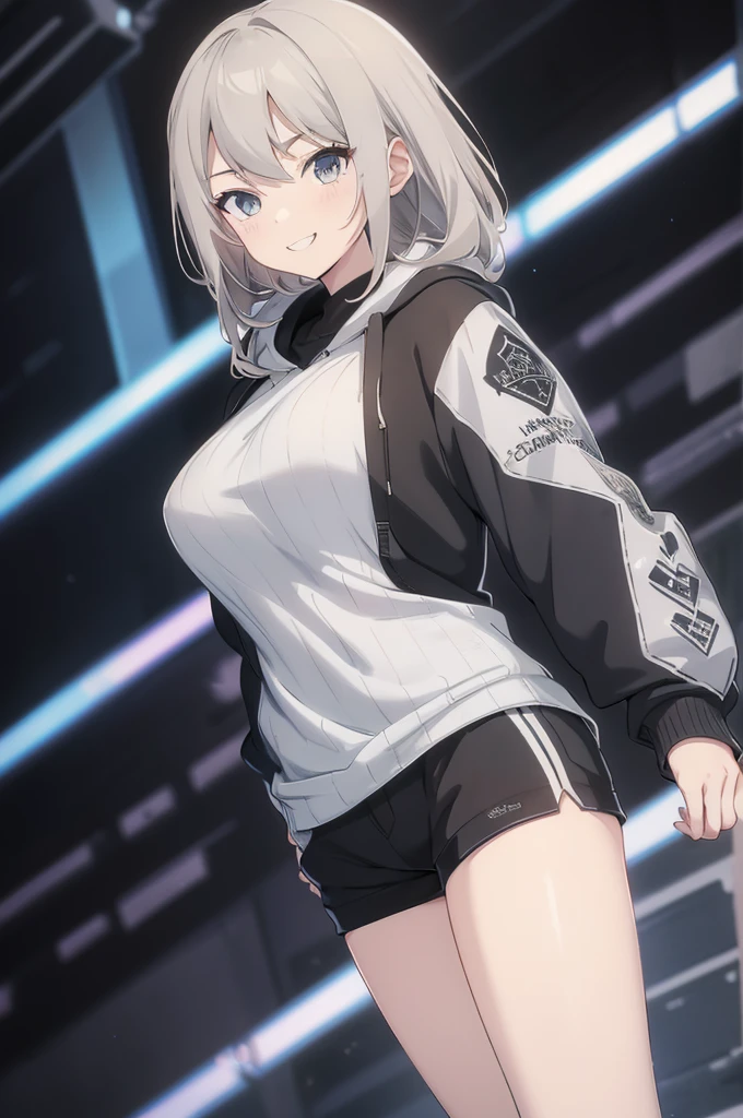 Concept Art, white Background, simple Background, White hair, Silver gradient hair , Composite cloth, Virtual YouTuber, best quality, masterpiece, Dynamic Angle, , cowboy_shooting, Watching_Back, grab, girl,Miss,woman, young,20 years old, , Hair Flip, Silver Hair, Flowing hair, Ahog, giggle, Beautiful and delicate golden eyes, teeth, Large Breasts, Blonde eyes, White skin, hoodie, Black_shorts, Gray clothes, transparent_Background, Backlighting, absurd, high resolution, Extremely detailed,sweater,Smile,pantyhose,cowboy裤