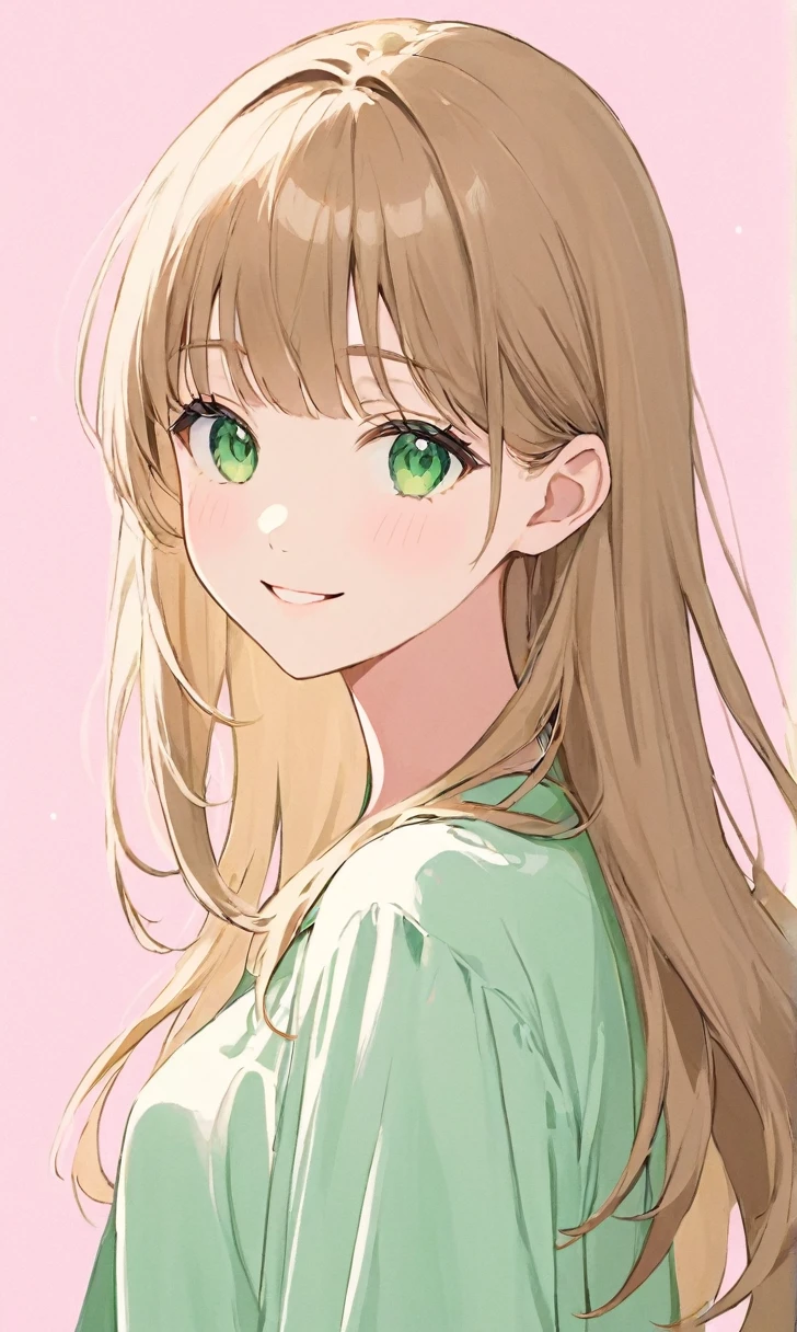 masterpiece, 8K quality, no imperfections, simple profile picture of a young girl, long light brown hair, bangs, cute smile, attractive, green eyes, simple light pink background