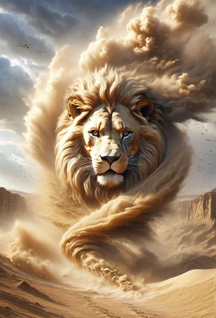 (desert canyon:1.5),Narrow canyon in the middle of the desert,sandstorm,lion face made of sand in sandstorm, tornado, in the style of photo realistic landscapes, Stone sculptures, cabin core, Stone, in the style of photo realistic landscapes, cabin core, rolling waves,decorative background, photo realistic landscapes, large canvas format, 32k ultra high definition, photo, The best qualities of imaginative landscapes,4K,8K,High resolution,masterpiece:1.2),super detailed,(actual,realistically,realistically:1.37),