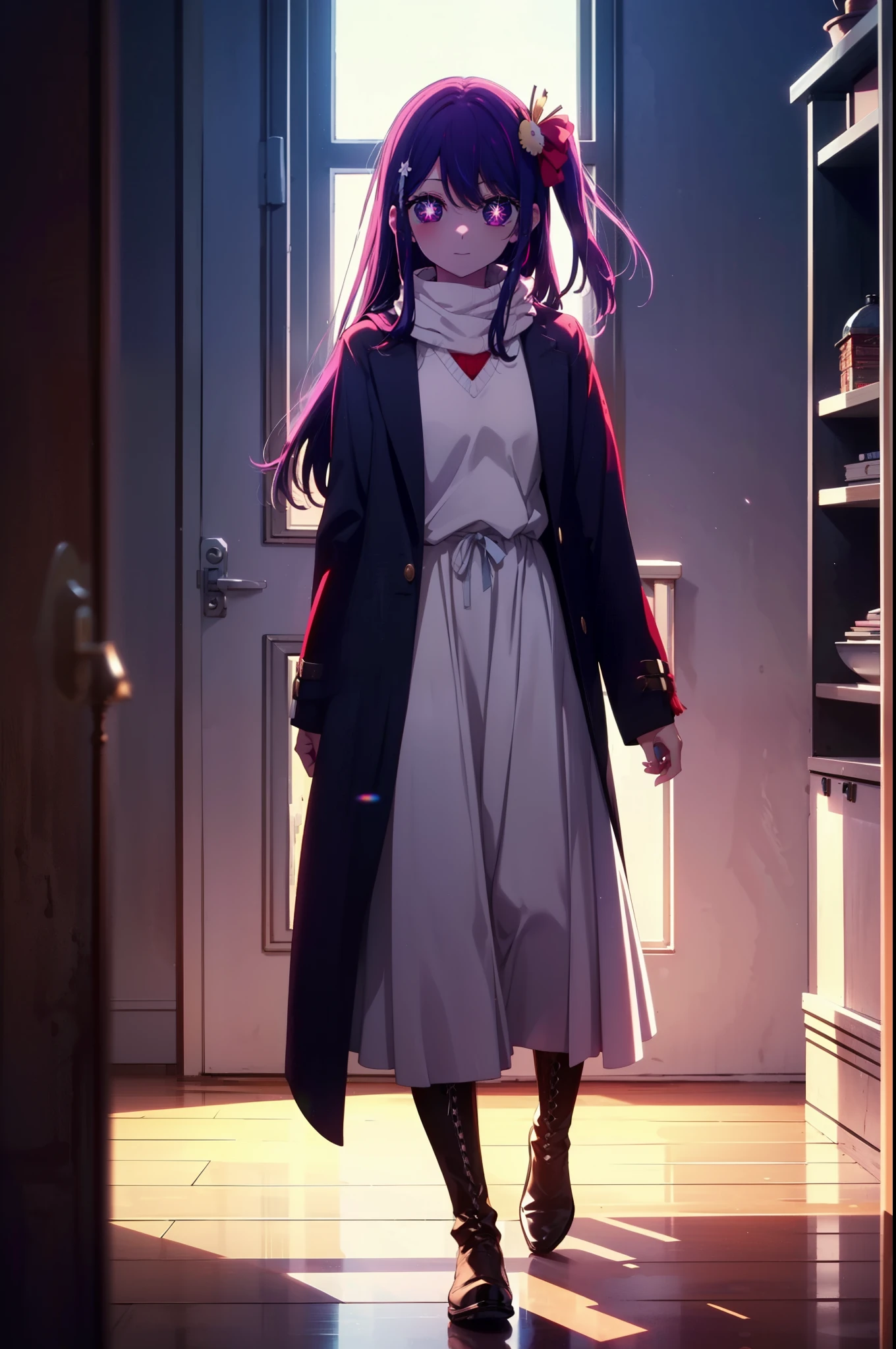 aihoshino, Ai Hoshino, Long Hair, bangs, (Purple eyes:1.1), Purple Hair, (Symbol-shaped pupil:1.5), smile,
break one side up, hair ornaments, Hair Ribbon, Purple long coat,V-neck sweater,Long skirt,Black pantyhose,short boots,Red muffler,It&#39;s snowing,Snow is falling,Are standing,whole bodyがイラストに入るように, 
break indoors, Building district,
break looking at viewer, whole body,
break (masterpiece:1.2), Highest quality, High resolution, unity 8k wallpaper, (figure:0.8), (Beautiful attention to detail:1.6), Highly detailed face, Perfect lighting, Highly detailed CG, (Perfect hands, Perfect Anatomy),