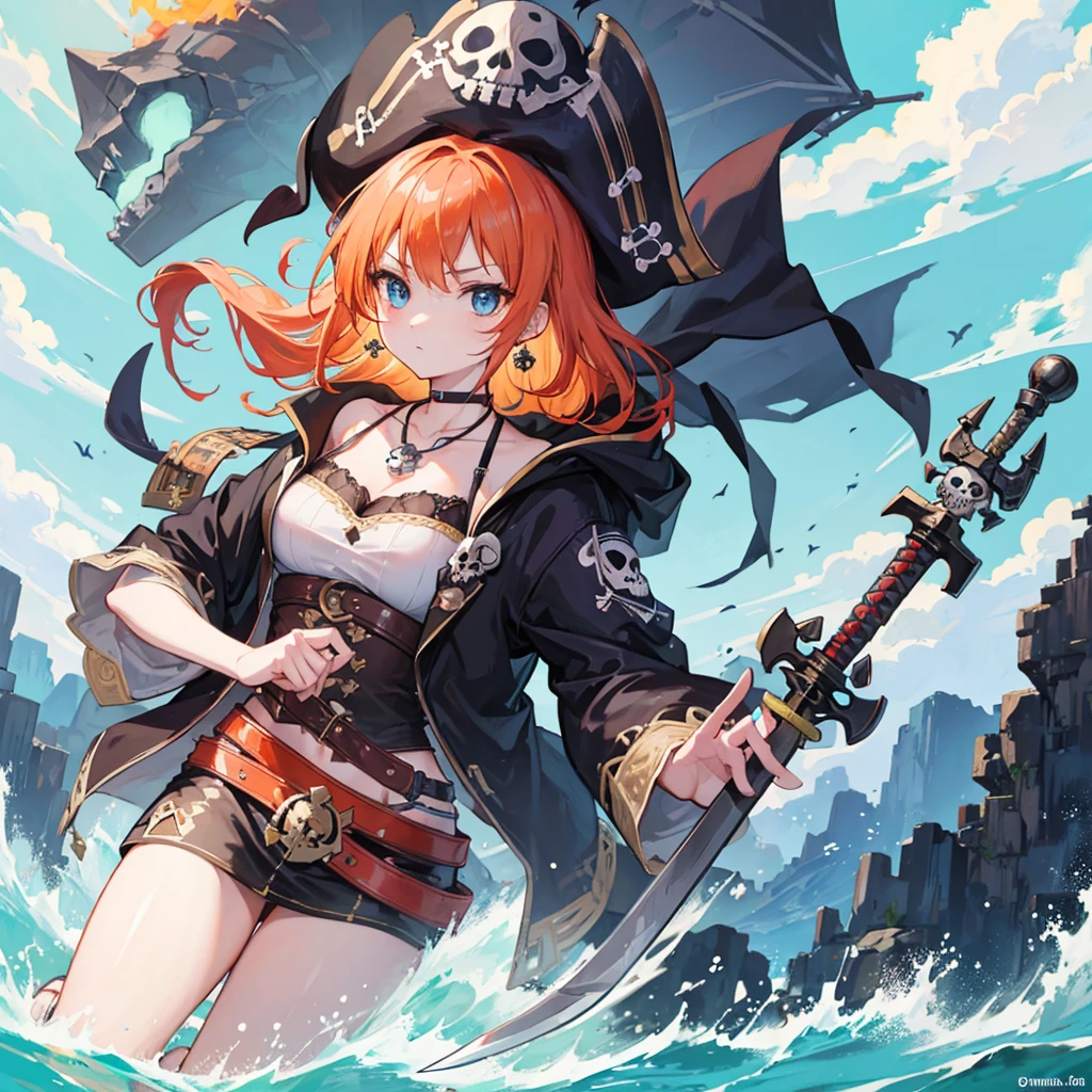((((pirate女帝 Skull Island swordを持つ)))) (((Skull pattern pirate Large Breasts))) ((Boat Orange Hair blue eyes)) ((necklace sword)) (noon Boatの上 sun cloud) Catch the wind Shining Background Light
