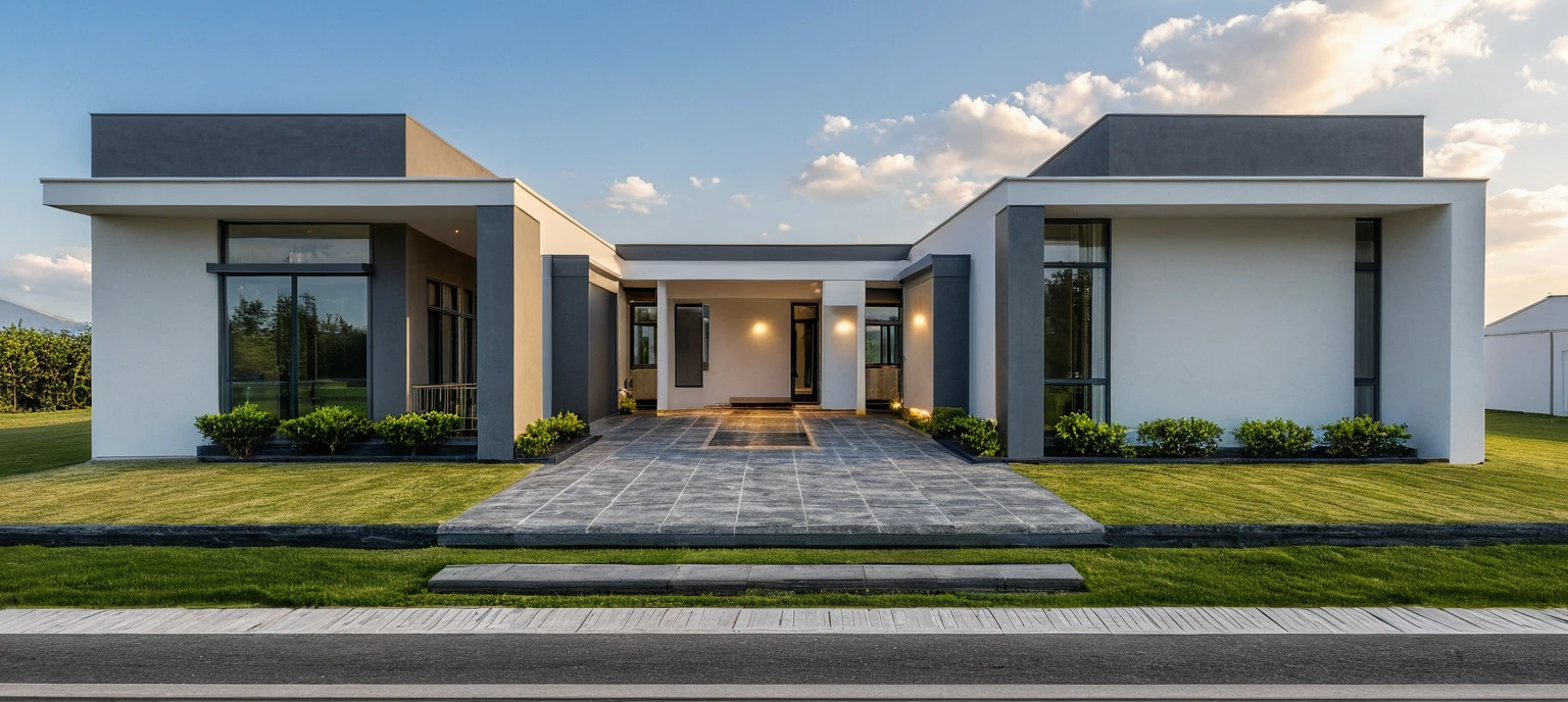 Masterpiece, high quality, best quality, authentic, super detail, outdoors, onestoreyvillaXL, aiaigroup, house style modern on the street ,stairs, white wall ,road,pavement, grass, trees, sky, cloud, (daylight:1.1)