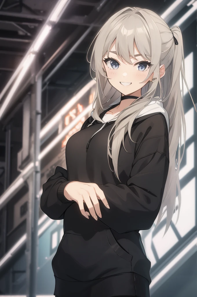 Concept Art,  White hair, Silver gradient hair , Composite cloth, Virtual YouTuber, best quality, masterpiece, Dynamic Angle,  girl,Miss,woman, young,20 years old, , Hair Flip, Silver Hair, Flowing hair, Ahog, giggle, Beautiful and delicate golden eyes, teeth, Large Breasts, Blonde eyes, White skin, hoodie, Black_shorts, Gray clothes, transparent_Back ground, absurd, high resolution, Extremely detailed,sweater,Smile