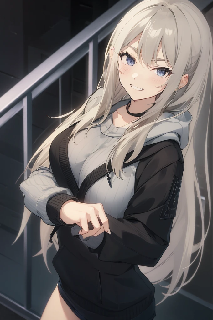 Concept Art,  White hair, Silver gradient hair , Composite cloth, Virtual YouTuber, best quality, masterpiece, Dynamic Angle,  girl,Miss,woman, young,20 years old, , Hair Flip, Silver Hair, Flowing hair, Ahog, giggle, Beautiful and delicate golden eyes, teeth, Large Breasts, Blonde eyes, White skin, hoodie, Black_shorts, Gray clothes, transparent_Back ground, absurd, high resolution, Extremely detailed,sweater,Smile