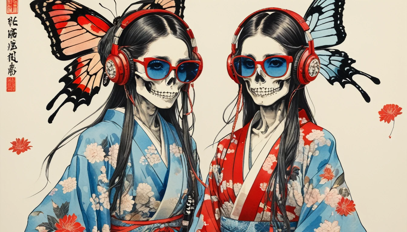 A female skeleton with long hair wearing a flashy kimono with butterfly patterns, Sunglasses with light blue lenses, Katsushika Hokusai, Ink Painting, Japanese style headphones, 2 Japanese swords, Modern ukiyo-e style, Red Eyes