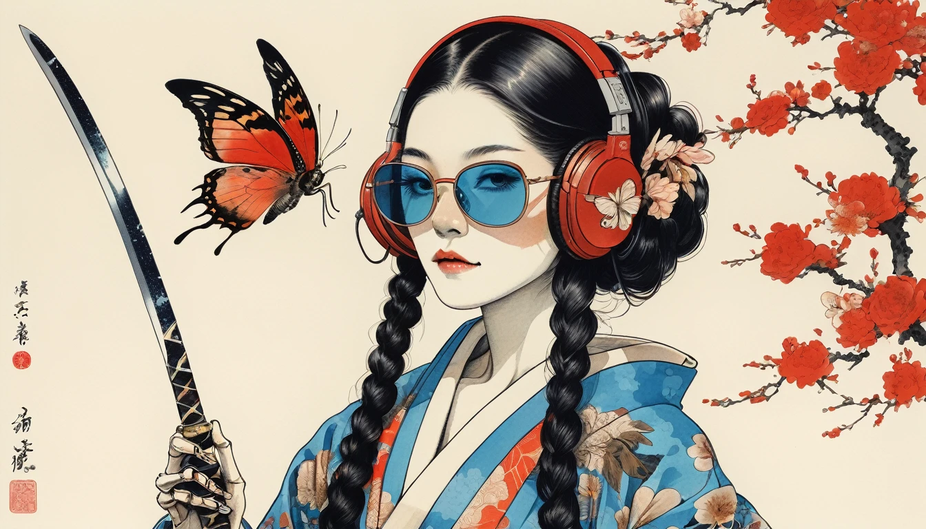 A female skeleton with long hair wearing a flashy kimono with butterfly patterns, Sunglasses with light blue lenses, Katsushika Hokusai, Ink Painting, Japanese style headphones, 2 Japanese swords, Modern ukiyo-e style, Red Eyes