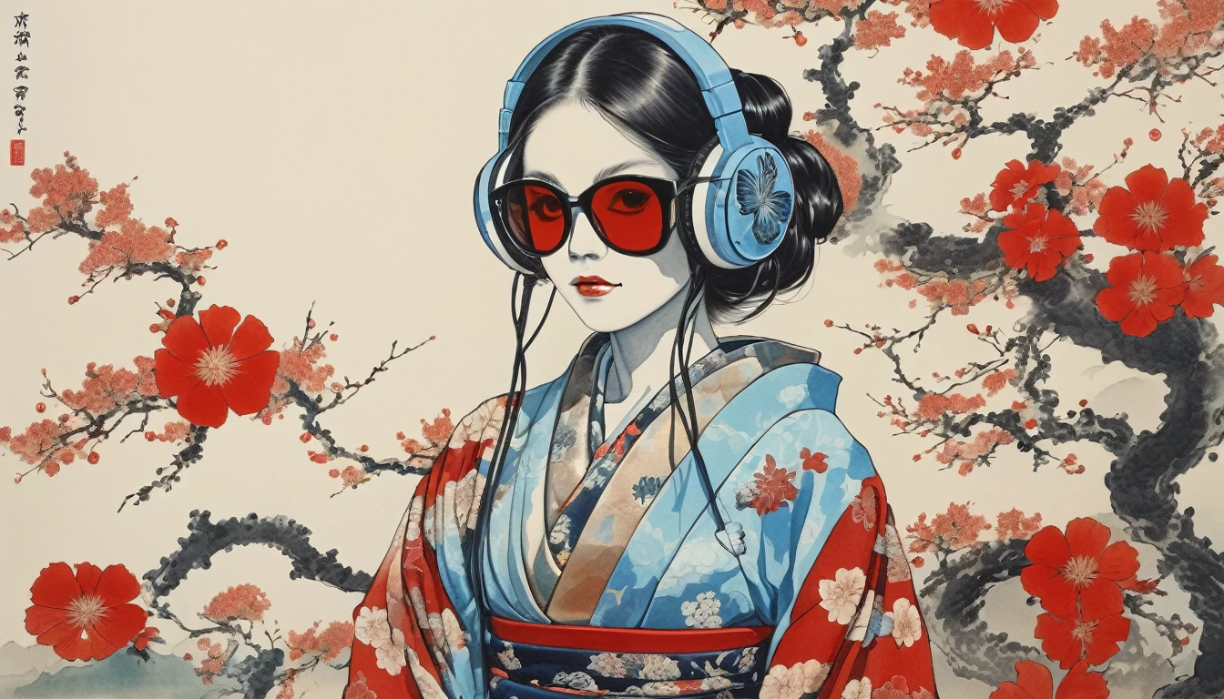 A female skeleton with long hair wearing a flashy kimono with butterfly patterns, Sunglasses with light blue lenses, Katsushika Hokusai, Ink Painting, Japanese style headphones, 2 Japanese swords, Modern ukiyo-e style, Red Eyes