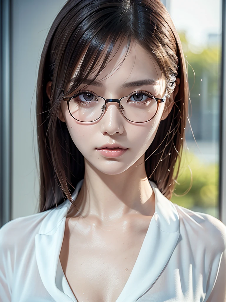 a cute woman, 8K, beautiful detailed eyes, upper body, beautiful detailed lips, extremely detailed eyes and face, long eyelashes, slender body, thin face, delicate features, flawless porcelain skin, glistening sweat, realistic, office lady outfit, one-person viewpoint, Fuji Film, F/1.2, masterpiece, nffsw, super detail, high quality, best quality, high resolution, glasses, mole under right eye, arms crossed