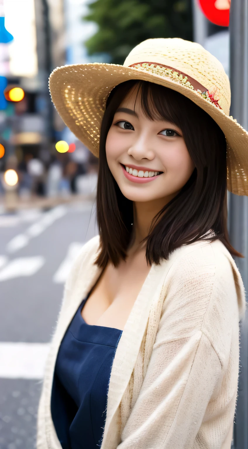 masterpiece,best quality,(Japanese school girl),((Beautiful girl)),cleavage,(perfect body beauty:1.2),(shy smile),beautiful teeth,(hat),(Shibuya scramble crossing),light colored hat,