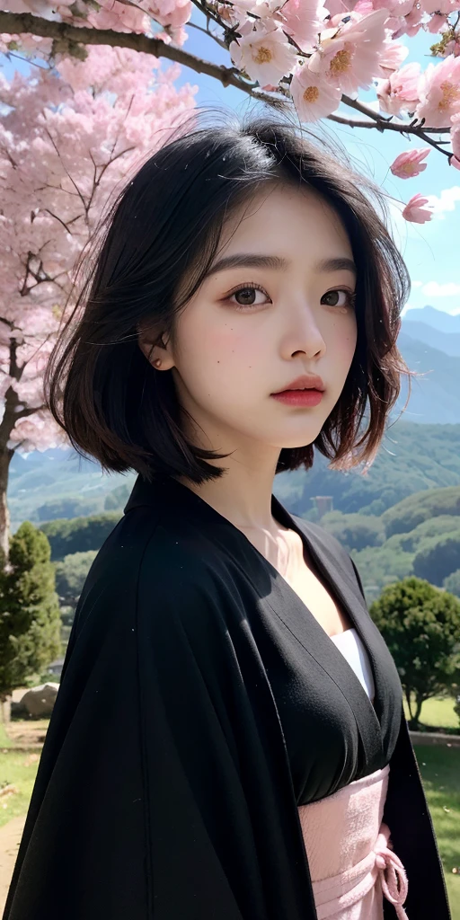 (best quality, masterpiece),(1girl, miko, coat, expression face, black eyes, looking at front ,black hair, walking, upper body), (night strray sky, huge old tree behind, falling glowing pink petals behind, shrine behind, mountain background, blowing wind, meteoric cloud)