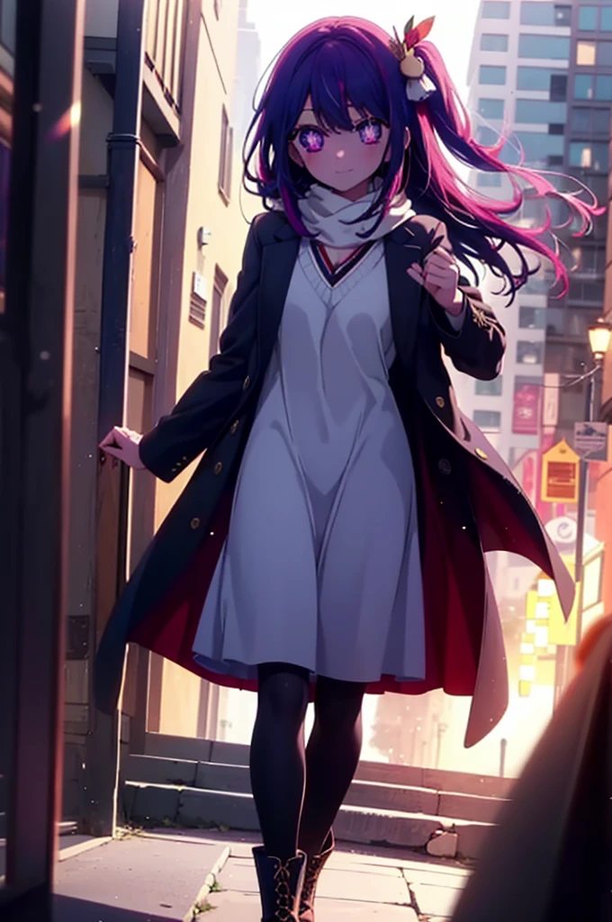aihoshino, Ai Hoshino, Long Hair, bangs, (Purple eyes:1.1), Purple Hair, (Symbol-shaped pupil:1.5), smile,
break one side up, hair ornaments, Hair Ribbon, Purple long coat,V-neck sweater,Long skirt,Black pantyhose,short boots,Red muffler,It&#39;s snowing,Snow is falling,Are standing,whole bodyがイラストに入るように, 
break outdoors, Building district,
break looking at viewer, whole body,
break (masterpiece:1.2), Highest quality, High resolution, unity 8k wallpaper, (figure:0.8), (Beautiful attention to detail:1.6), Highly detailed face, Perfect lighting, Highly detailed CG, (Perfect hands, Perfect Anatomy),